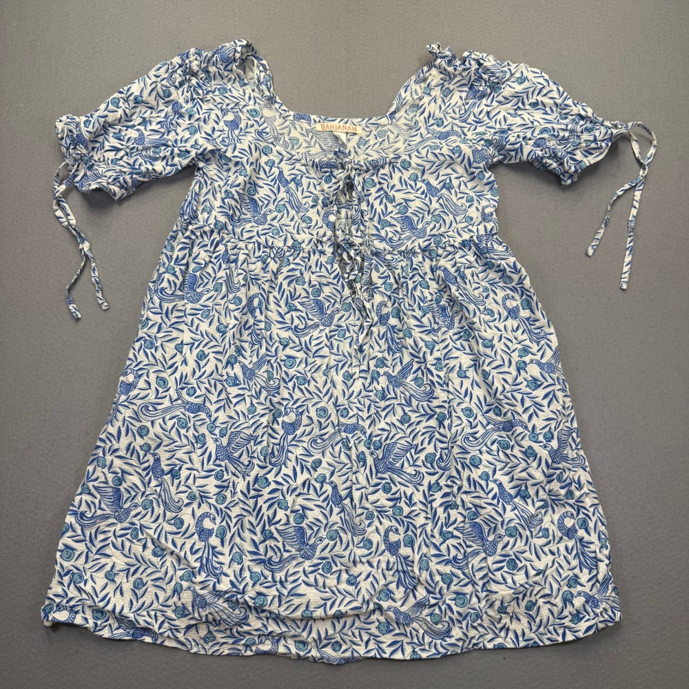 Banjanan Blue Floral Bird Print Rayon Mini Dress XS Square Neck Puff Sleeve